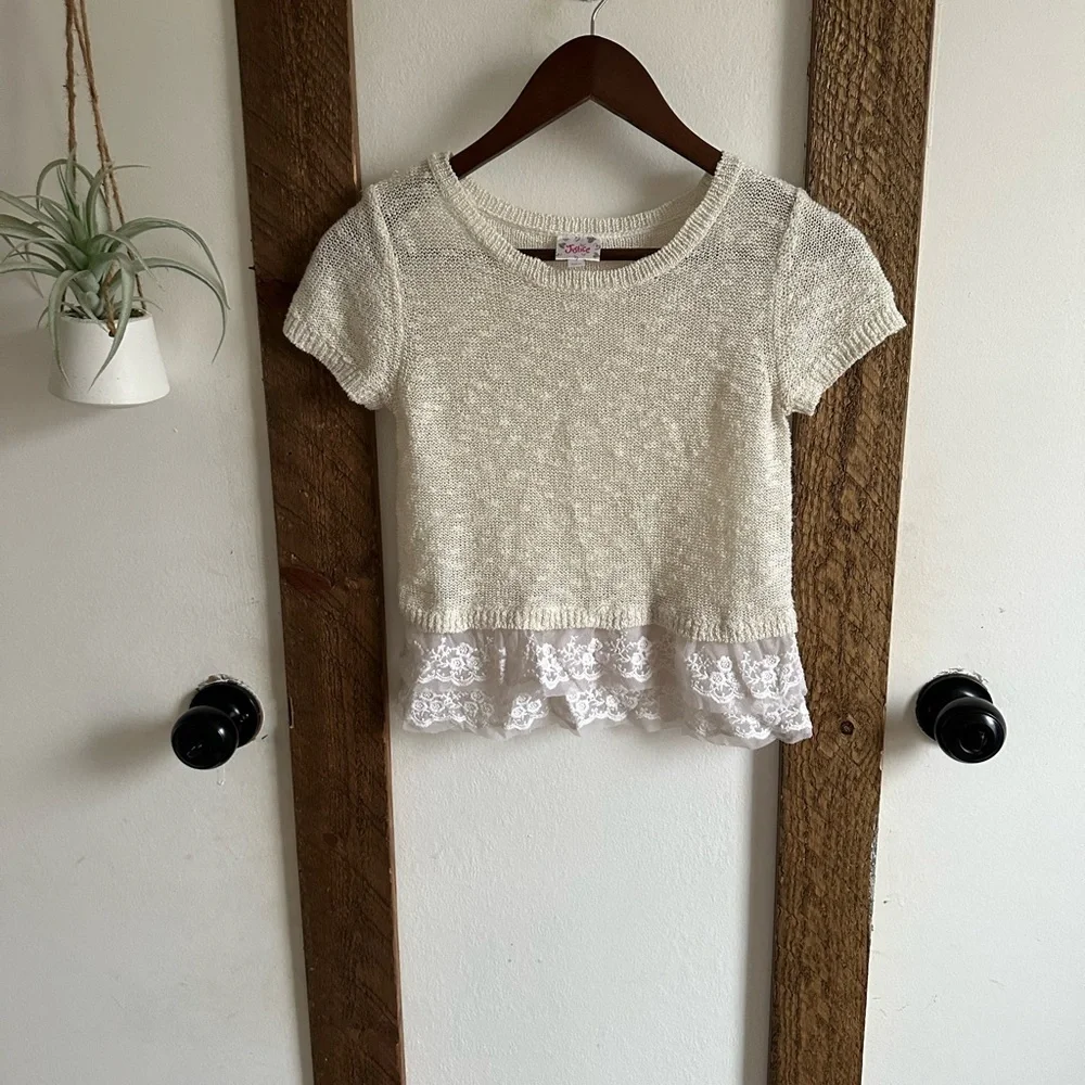 Justice Girls Short Sleeve Sweater Blouse Lace Tulle Bottom Size 12 Like New